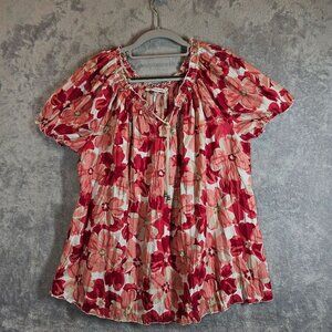 Croft & Barrow Floral Red Pink Peasant Blouse drawstring Womens L Feminine